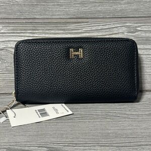 Halston Black Pebbled Leather Zip Around Continental Wallet Clutch Organizer